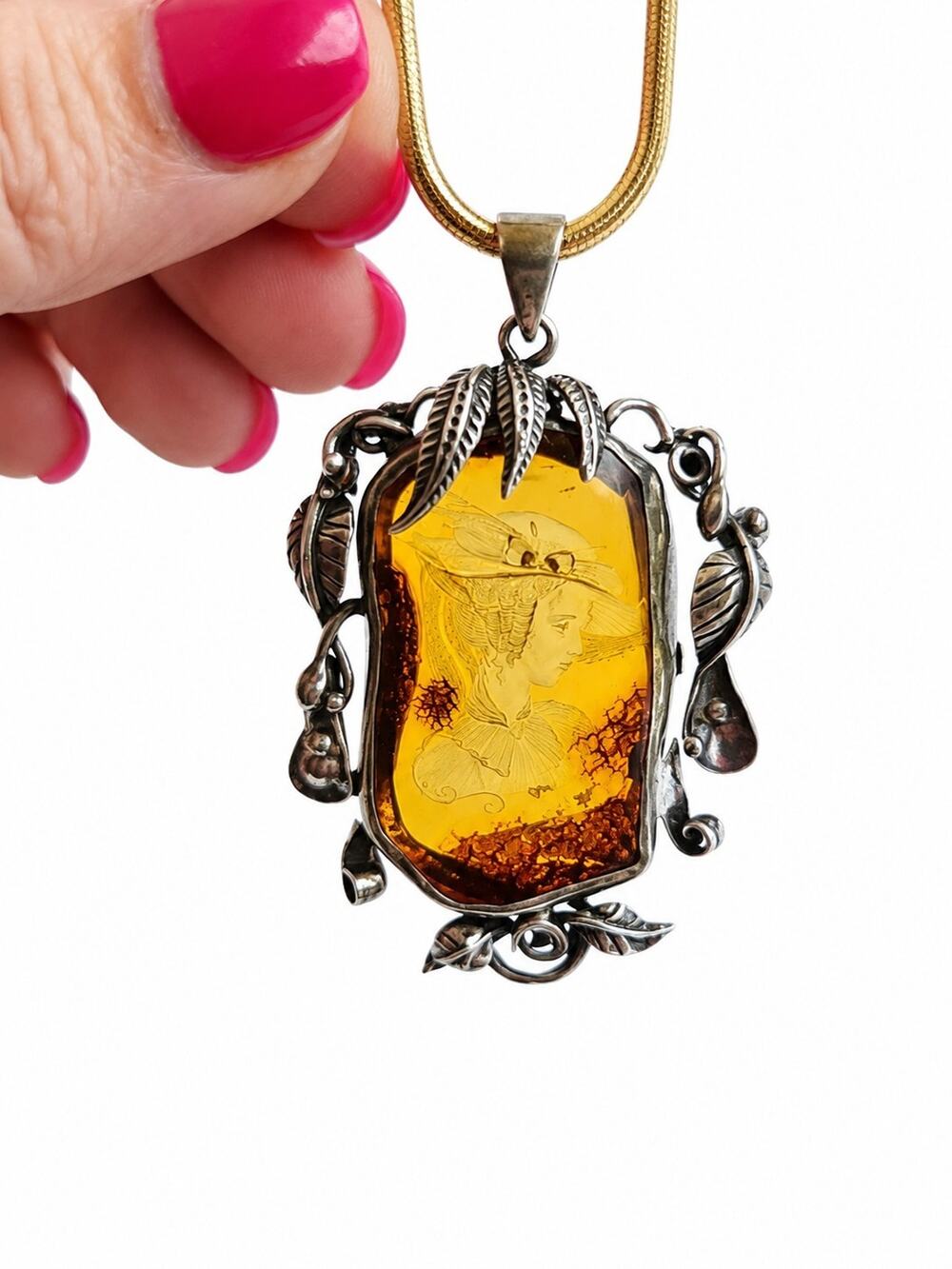 Magnificent Masterpiece: Rare Vintage Hand-Carved Polish Baltic Amber & Sterling